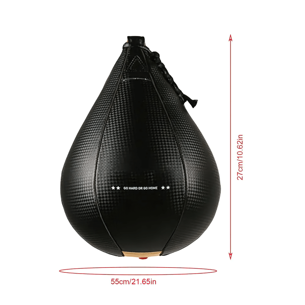 Black PU leather speed ball for boxing reflex training, 55cm diameter, reinforced stitching for durability, enhances precision.